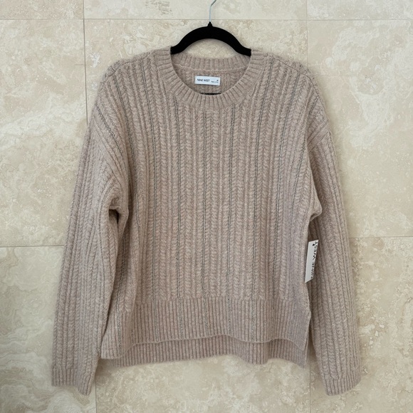 Nine West Sweaters - Nine West Beige Ribbed Rhinestone Knit Sweater Crew Neck Fuzzy Medium NWT